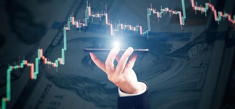 Market economy graph statistic showing growth of profit analyzing financial exchange on increase digital money background with trade chart finance data