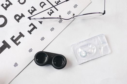 Ophthalmologist accessories glasses with a test target for vision correction.