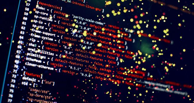 Writing programming functions on laptop. Big data and Internet of things trend. Software development. Internet security hacke