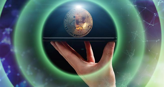 Stock market, Business growth, progress or success concept. Hand of Businessman or trader is showing a growing virtual hologram stock on smartphone
