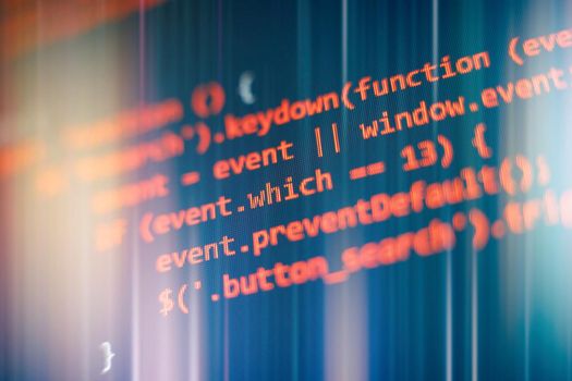 Programming code screen of software developer. Software Programming Work Time. Code text written and created