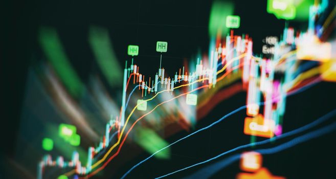 Financial statistic analysis on dark background with growing financial charts. Stock analyzing. Price chart bars.