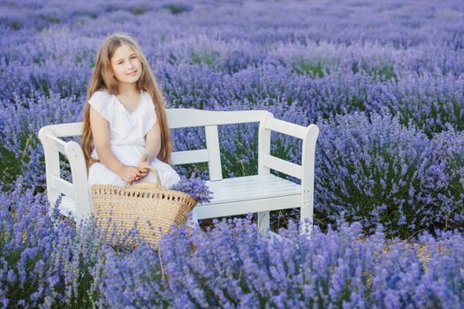 portrait of a girl with a bouquet on a lavender field
