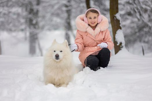 child dog samoyed breed in the park in winter