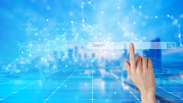 Women hand clicking internet search bar on computer touch screen Blank search bar. Man hand touching search engine optimization, web banner. business and technology concept. copy space banner