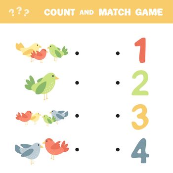 Counting Game for Preschool Children. Educational a mathematical game. Count the birds and choose the right answer.