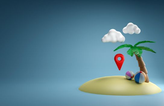 3D Map Location and Island abd ball beach. Travel Summer 3D concept. 3D Render Illustrations