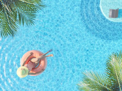 3D rendering of top view of anonymous female tourist in swimsuit and straw hat relaxing in outdoor swimming pool sitting in inflatable tube near laptop on sunny day