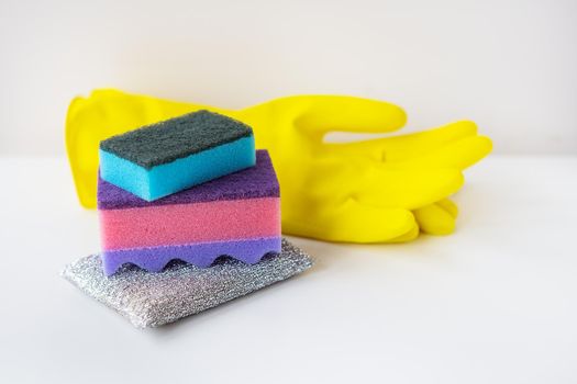 Preparation for cleaning the house, washcloths, rubber gloves, scraper. Cleanliness and cleaning concept