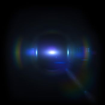Blue Light Lens flare on black background. Lens flare with bright light isolated with a black background. Used for textures and materials.