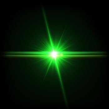 Green Light Lens flare on black background. Lens flare with bright light isolated with a black background. Used for textures and materials.