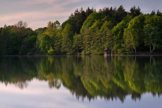 Panoramic image of beautiful and idyllic Bensberg Lake, Bergisch Gladbach, Germany