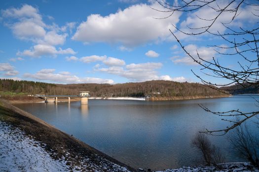 Panoramic image of Dhunn water reservoir during winter, Bergisches Land, Germany