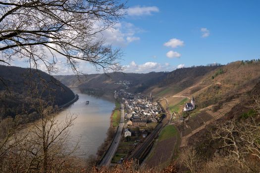 Panoramic landscape with view to the village Hatzenport, Moselle, Germany