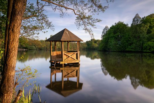 Panoramic image of beautiful and idyllic Bensberg Lake, Bergisch Gladbach, Germany