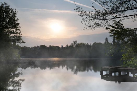 Panoramic image of beautiful and idyllic Bensberg Lake, Bergisch Gladbach, Germany