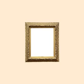 Antique art fair gallery frame on beige wall at auction house or museum exhibition, blank template with empty white copyspace for mockup design, artwork concept