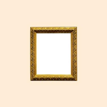 Antique art fair gallery frame on beige wall at auction house or museum exhibition, blank template with empty white copyspace for mockup design, artwork concept