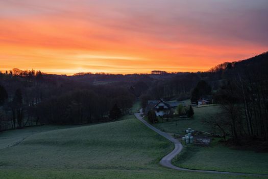 Panoramic image of scenic view on a colorful morning, Bergisches Land, Odenthal, Germany