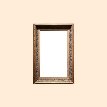 Antique art fair gallery frame on beige wall at auction house or museum exhibition, blank template with empty white copyspace for mockup design, artwork concept