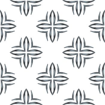 Textile ready artistic print, swimwear fabric, wallpaper, wrapping. Black and white majestic boho chic summer design. Watercolor ikat repeating tile border. Ikat repeating swimwear design.