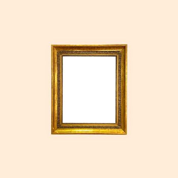 Antique art fair gallery frame on beige wall at auction house or museum exhibition, blank template with empty white copyspace for mockup design, artwork concept