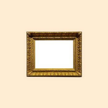 Antique art fair gallery frame on beige wall at auction house or museum exhibition, blank template with empty white copyspace for mockup design, artwork concept