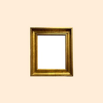 Antique art fair gallery frame on beige wall at auction house or museum exhibition, blank template with empty white copyspace for mockup design, artwork concept