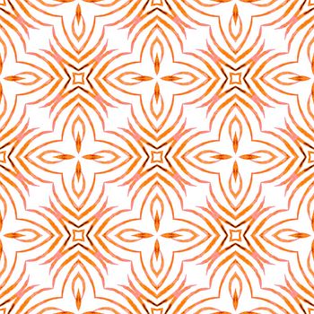 Tiled watercolor background. Orange fresh boho chic summer design. Textile ready mesmeric print, swimwear fabric, wallpaper, wrapping. Hand painted tiled watercolor border.