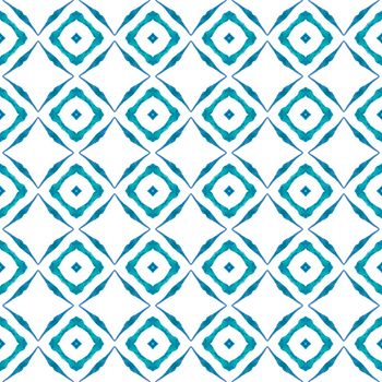 Textile ready excellent print, swimwear fabric, wallpaper, wrapping. Blue rare boho chic summer design. Watercolor ikat repeating tile border. Ikat repeating swimwear design.
