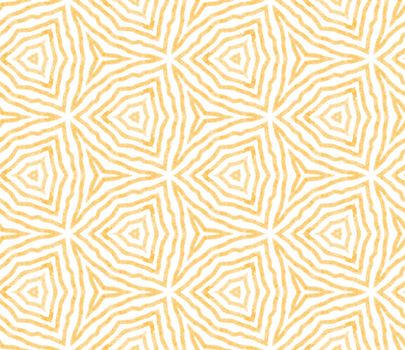 Ethnic hand painted pattern. Yellow symmetrical kaleidoscope background. Summer dress ethnic hand painted tile. Textile ready exquisite print, swimwear fabric, wallpaper, wrapping.