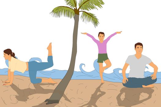 family at the beach and palm trees on background.