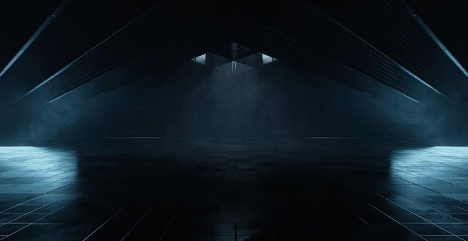 Sci Fi Futuristic Garage Blue Neon Concrete Asphalt Hangar Tunnel 3D Rendering