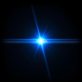Blue Light Lens flare on black background. Lens flare with bright light isolated with a black background. Used for textures and materials.