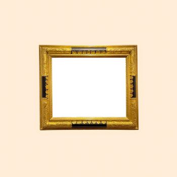 Antique art fair gallery frame on beige wall at auction house or museum exhibition, blank template with empty white copyspace for mockup design, artwork concept