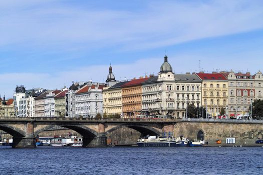 Picturesque view of the Old Town of Prague with its ancient architecture, the Palacký bridge and the River Moldau (Vltava), Czech Republic.