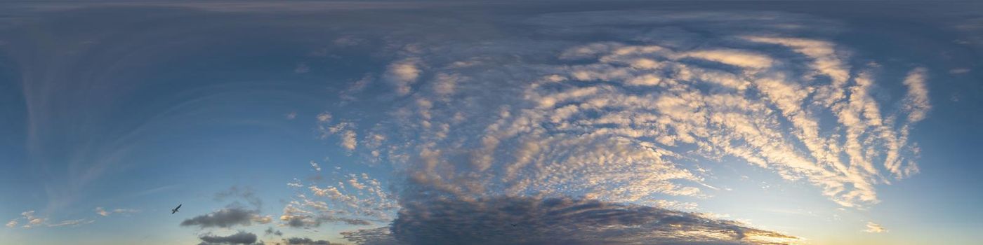 Dark blue twilight sky panorama with Cumulus clouds. Seamless hdr 360 panorama in spherical equiangular format. Full zenith or sky dome for 3D visualization, sky replacement for aerial drone panoramas