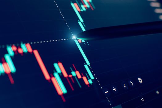 Financial chart with pen, stock analysis data for business background on digital screen. Graphs of the growth of the financial market forex. trading candlestick chart