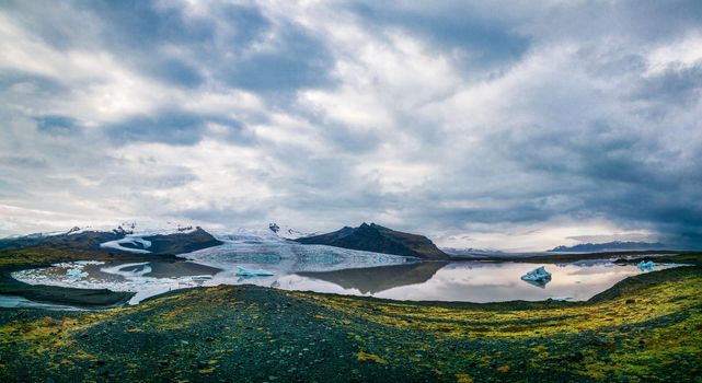 Spectacular panorama with many glaciers and lake