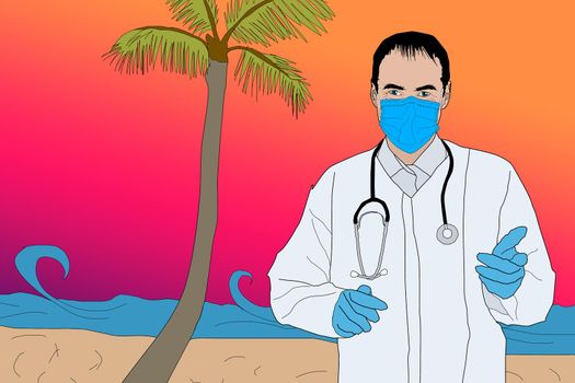 doctor and palm tree on background.