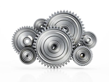 3D steel wheels in motion arranged like a cloud shape. 3D illustration.