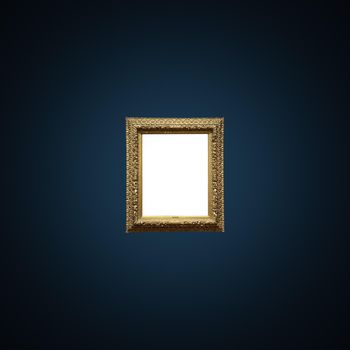 Antique art fair gallery frame on royal blue wall at auction house or museum exhibition, blank template with empty white copyspace for mockup design, artwork concept