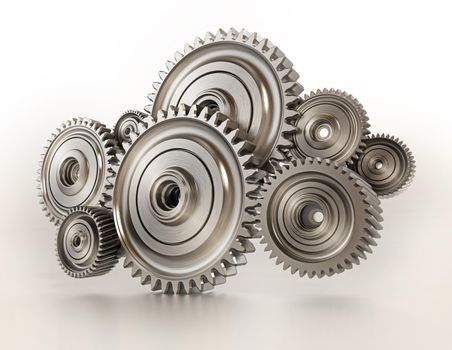 3D steel wheels in motion arranged like a cloud shape. 3D illustration.