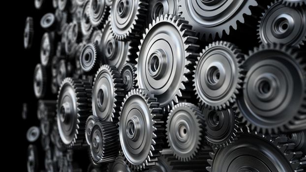 Background formed with group of 3D steel wheels in motion. 3D illustration.