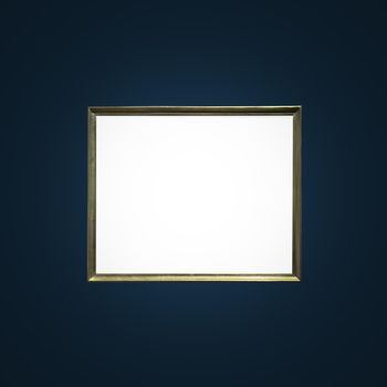 Antique art fair gallery frame on royal blue wall at auction house or museum exhibition, blank template with empty white copyspace for mockup design, artwork concept