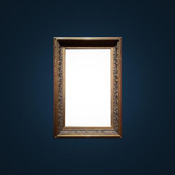 Antique art fair gallery frame on royal blue wall at auction house or museum exhibition, blank template with empty white copyspace for mockup design, artwork concept