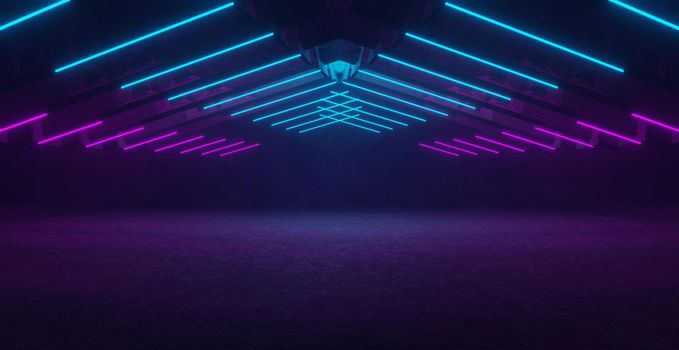 Celestial Alien Sci Fi Neon Glowing Lines Cyber Laser Lights Behind Glass Panels In Dark Grunge Cement Concrete Underground Tunnel Corridor Studio Hangar Bright Blue Background 3D Rendering