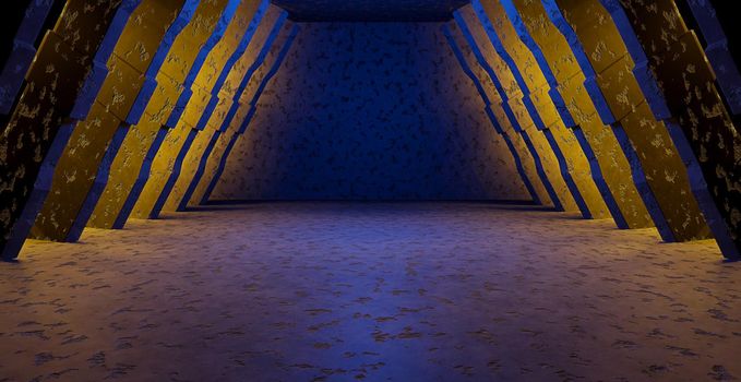 Empty Futuristic Basement Hangar Corridor Warehouse Club Dance Studio Showroom Spotlight Copper Brown or Yellow Background Pedestal Concept For Graphic Design 3D Illustration