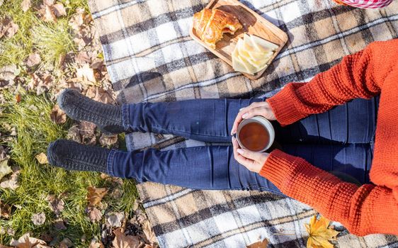 Leisure, free time. Beautiful caucasian woman in red sweater on a picnic outdoors, sitting on a plaid in autumn forest