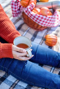 Leisure, free time. Beautiful caucasian woman in red sweater on a picnic outdoors, sitting on a plaid in autumn forest